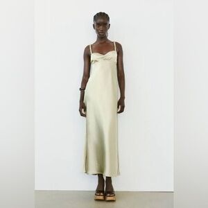 Zara Satin Slip Maxi Dress in Light Green